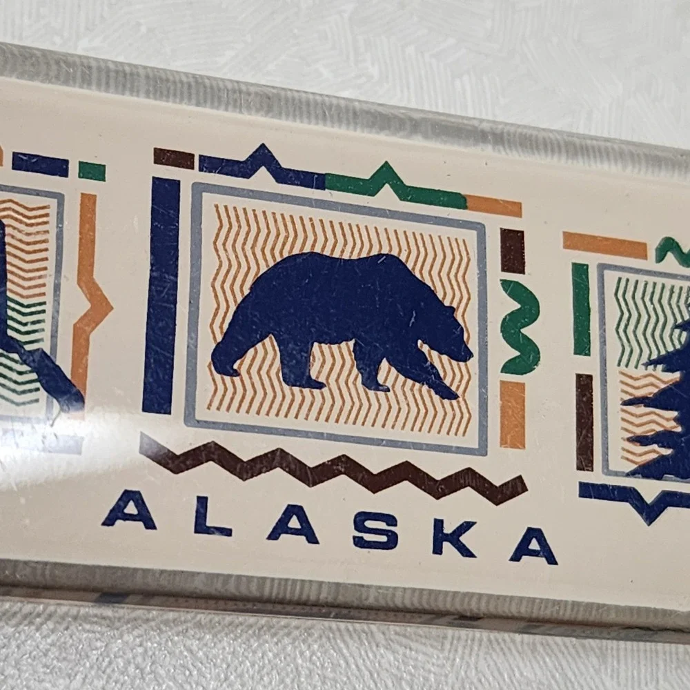 Vintage Alaska USA Vacation Tree Bear State Lucite Keychain Key Ring Collectible